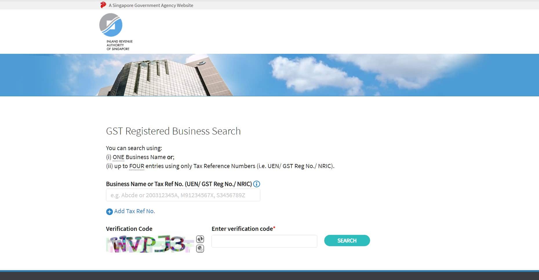 screenshot of the online tool to check gst registration for singapore businesses and companies on the iras website