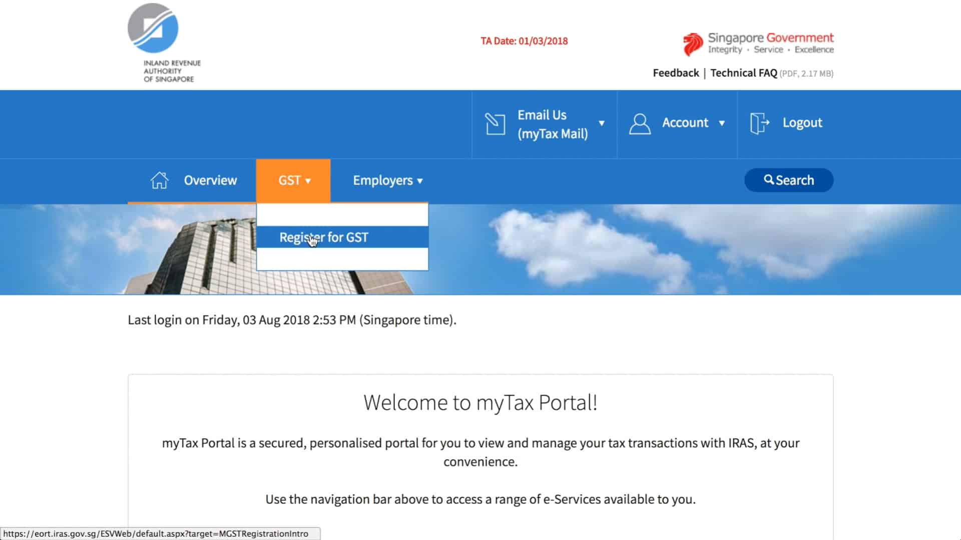 myTax Portal page screenshot taken from the iras video guide on acquiring a gst registration number for companies in singapore